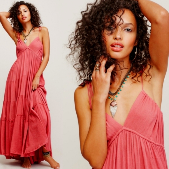 Free People Cosmico Maxi Endless Summer V Neck Sleeveless Dress Gauze Pink Red M - Picture 3 of 13